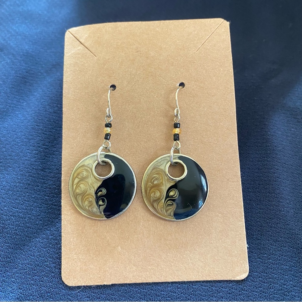 Black and Gold Yin-Yang Dangle Earrings